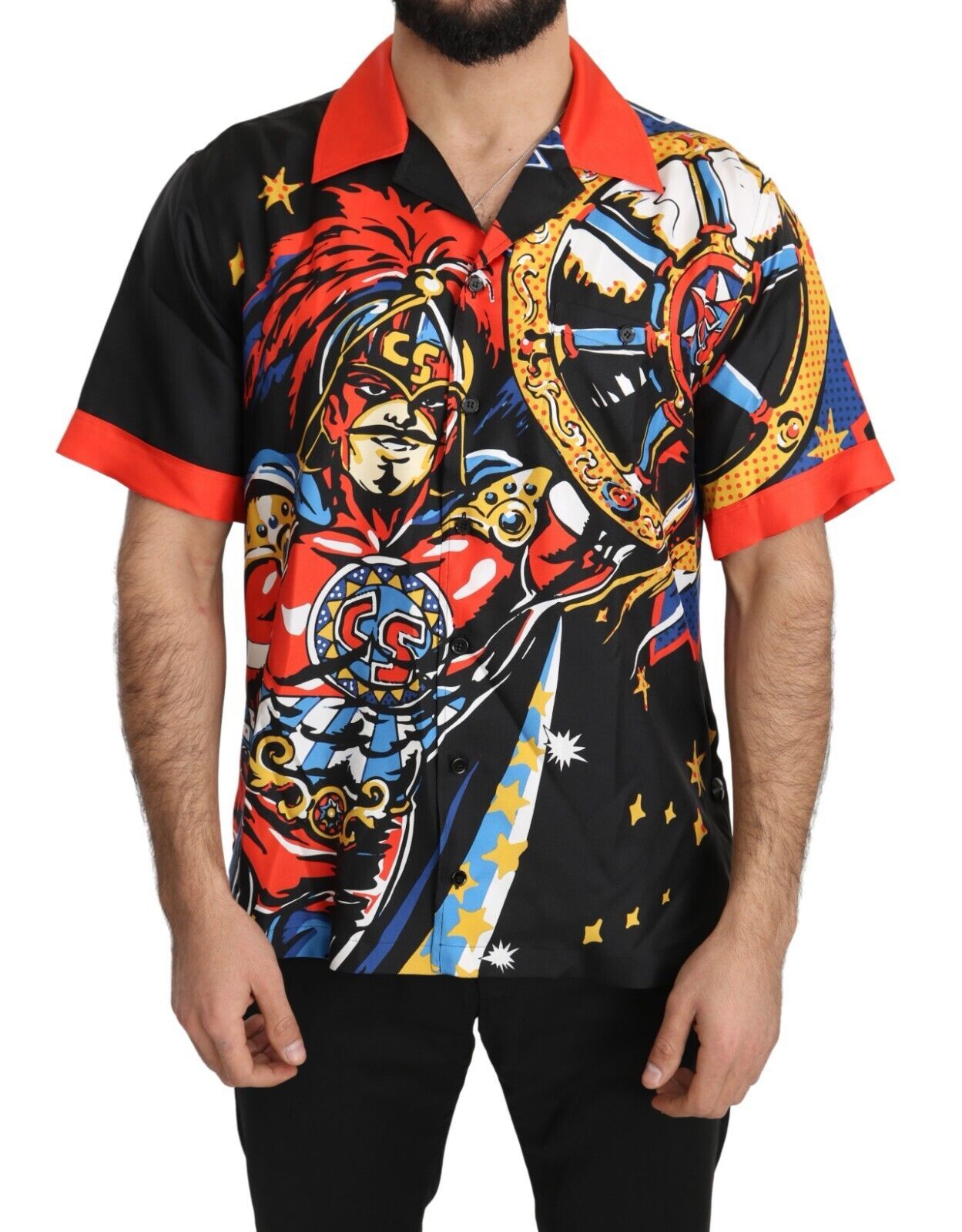 Man wearing a shirt with a comic book character on it