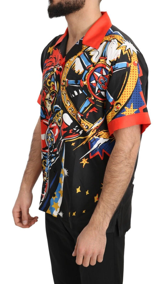 Man wearing colorful shirt with graphic design