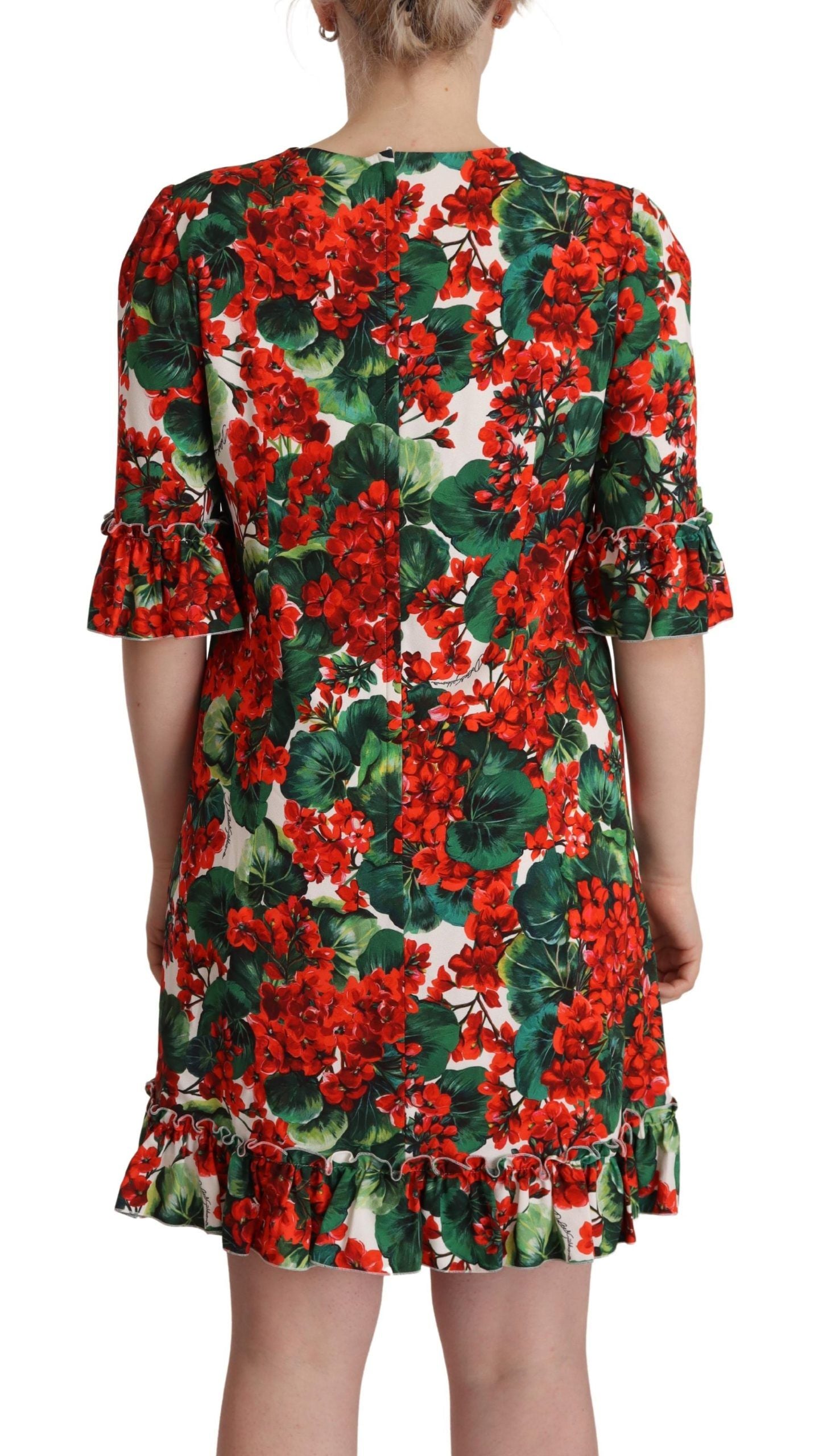 A red floral print dress with short sleeves and a V-neckline