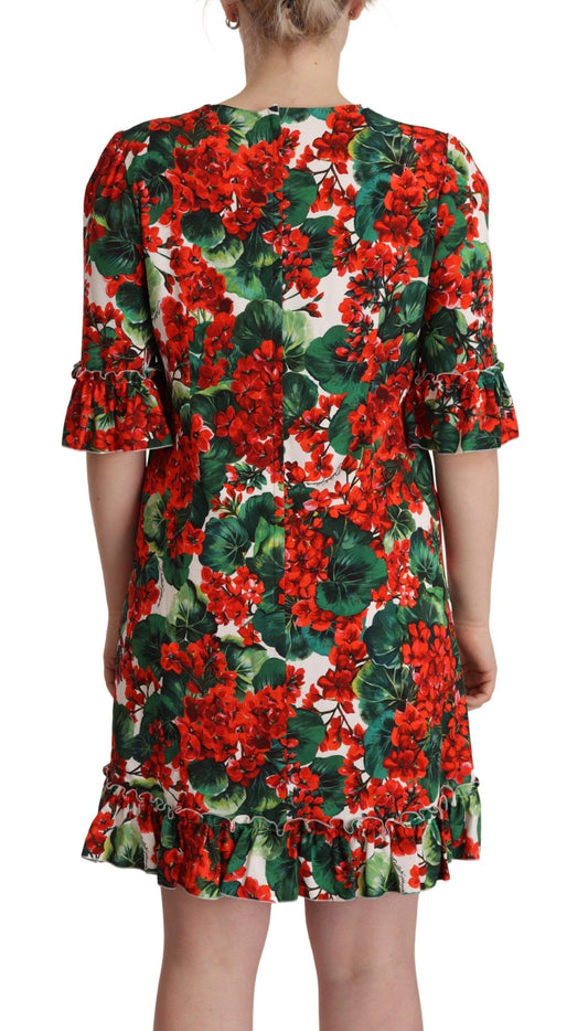 A red floral print dress with short sleeves and a V-neckline