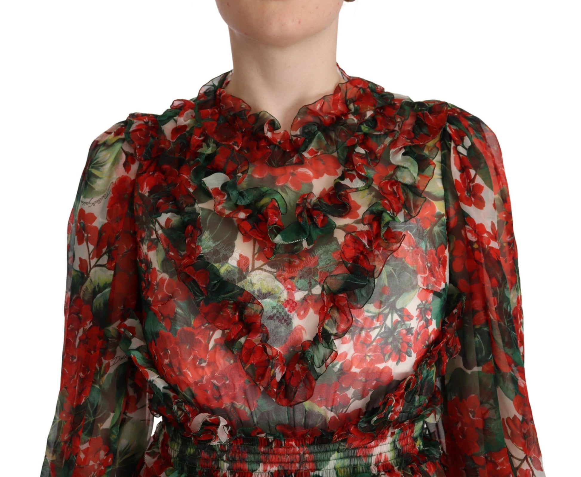 A red floral maxi dress with long sleeves and a V-neckline