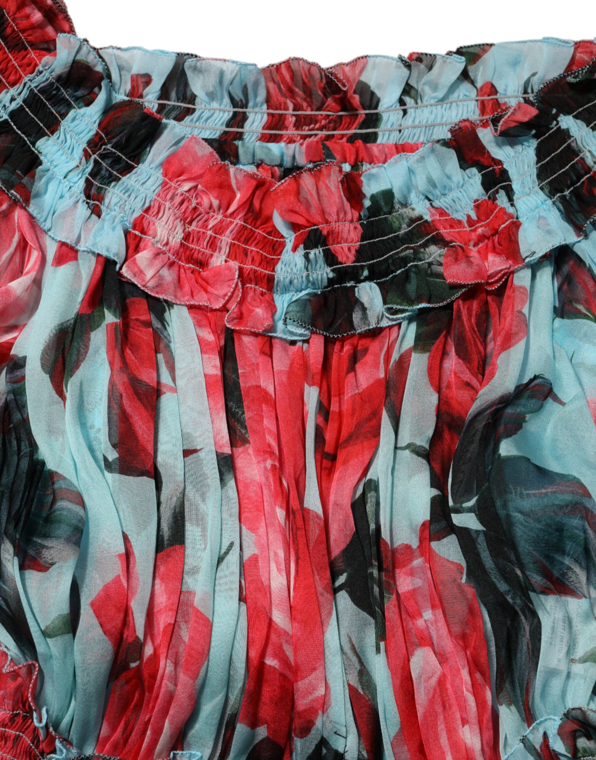 A multicolored floral chiffon dress with a ruffled hem