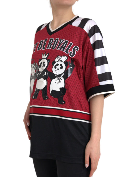 Woman wearing a red jersey with panda design