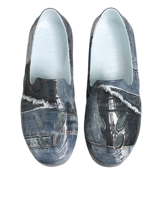 Pair of shoes with a denim print design