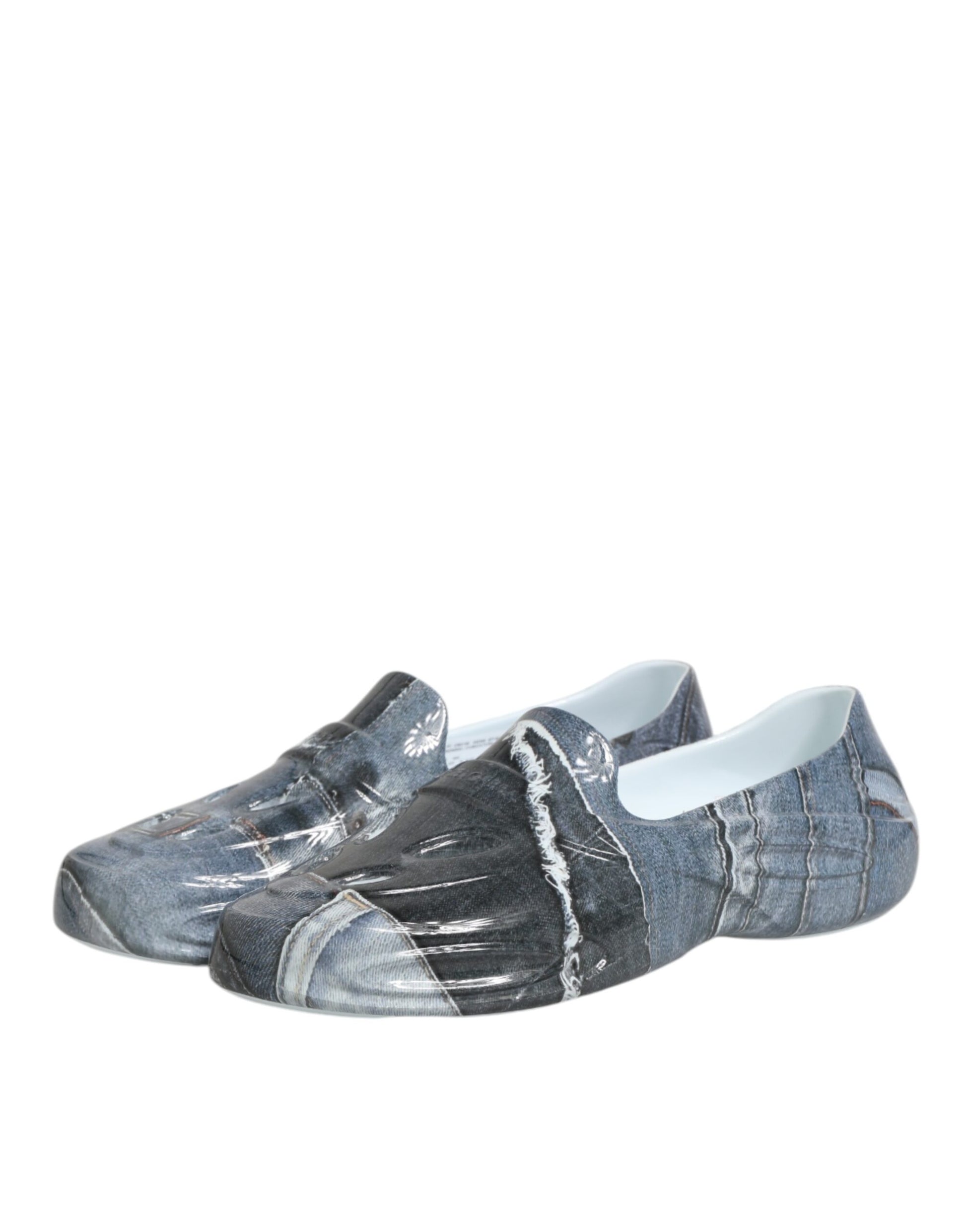 Pair of blue denim shoes with white soles