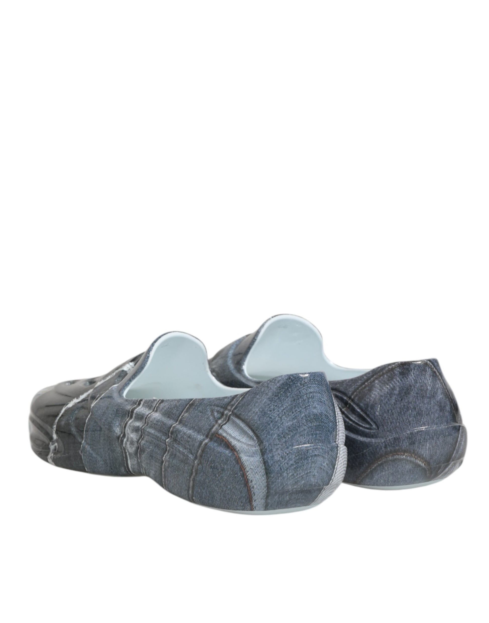 Pair of denim shoes with white soles