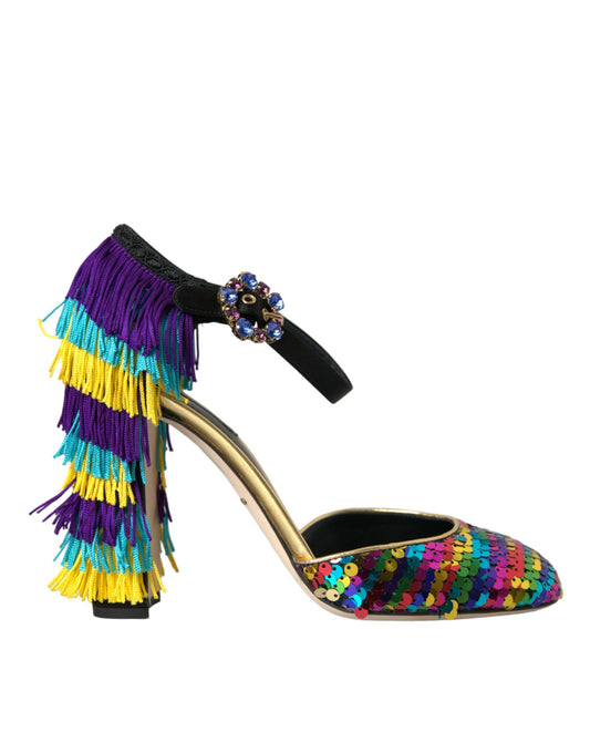 Colorful high heel shoe with fringe detail and embellishment on toe