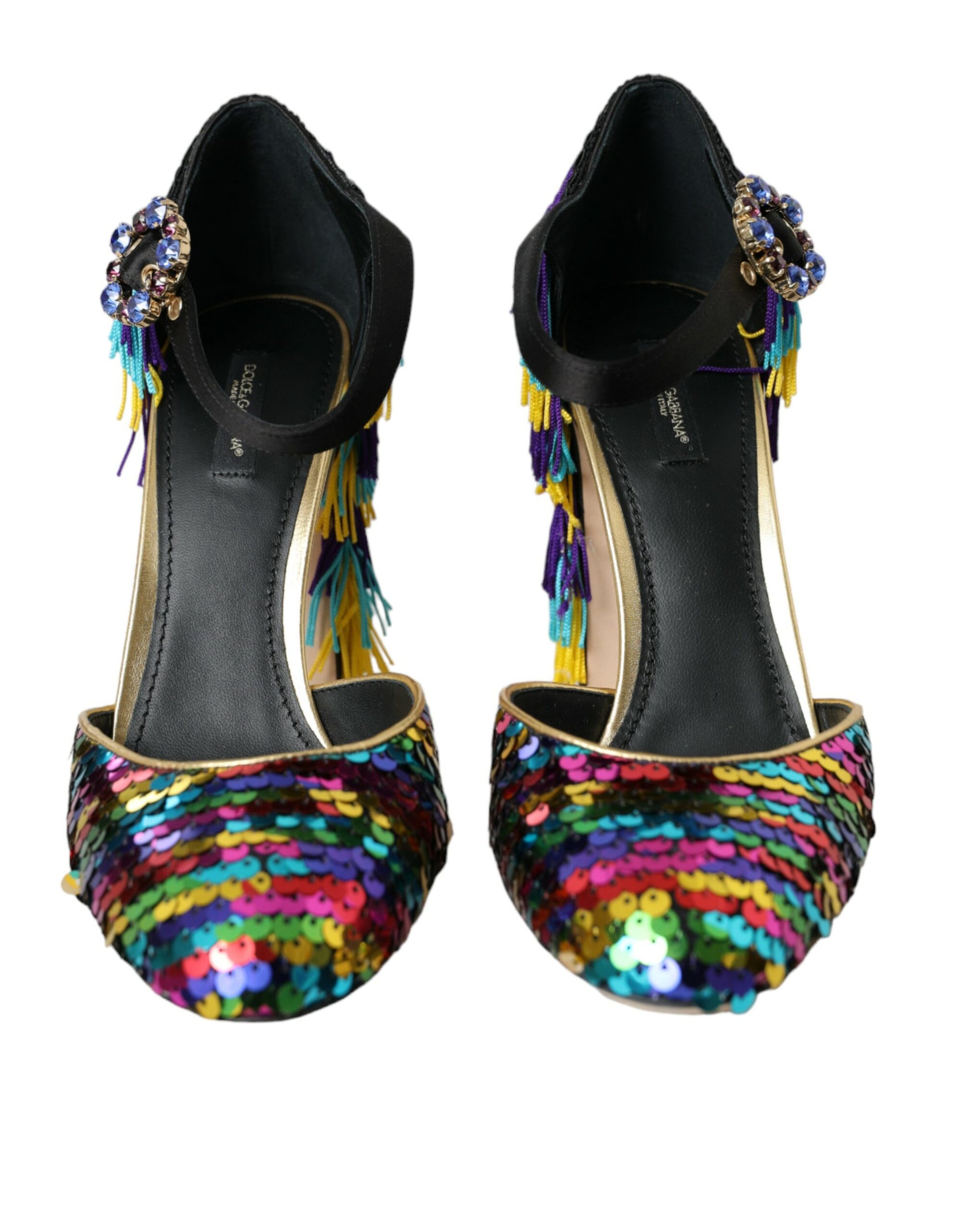 Pair of women's high heel shoes with colorful sequins and fringe details