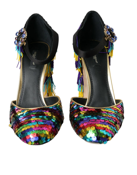 Pair of women's high heel shoes with colorful sequins and fringe details
