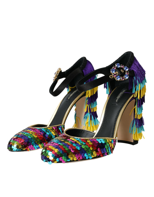 Pair of colorful high heel shoes with embellishments and fringe details