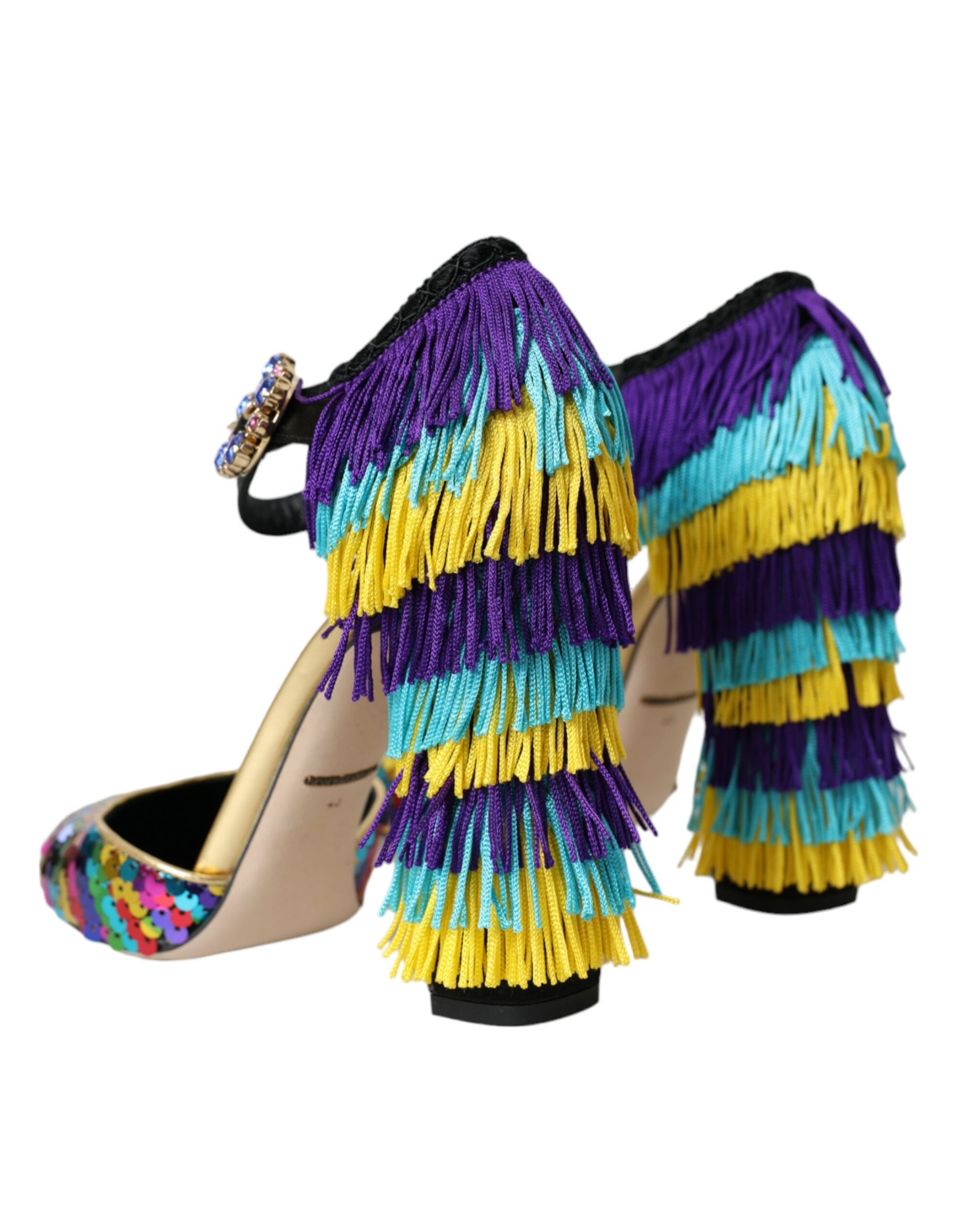 Colorful high heel shoes with fringe details and embellishments