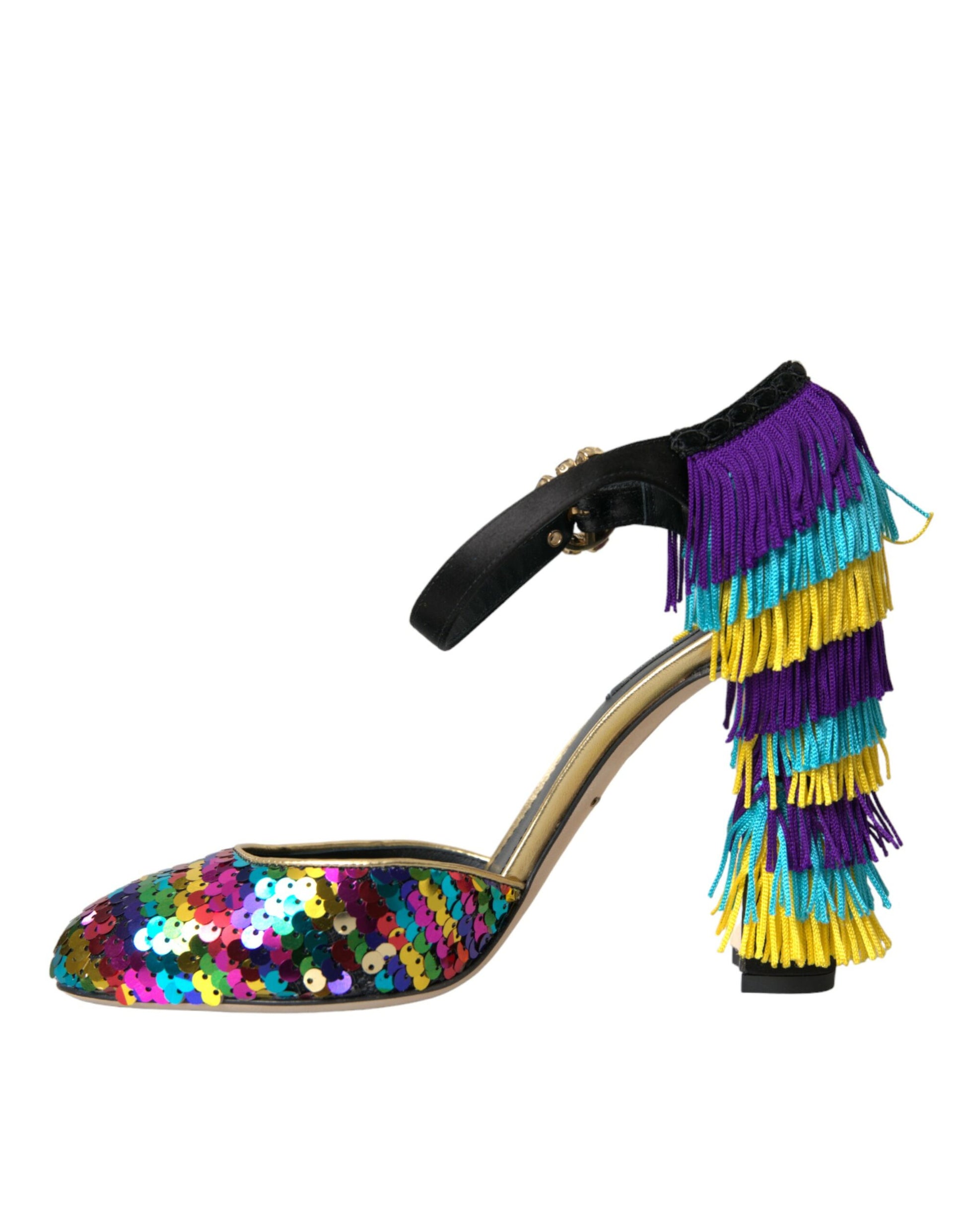 High heel shoe with colorful fringe and glittery toe cap