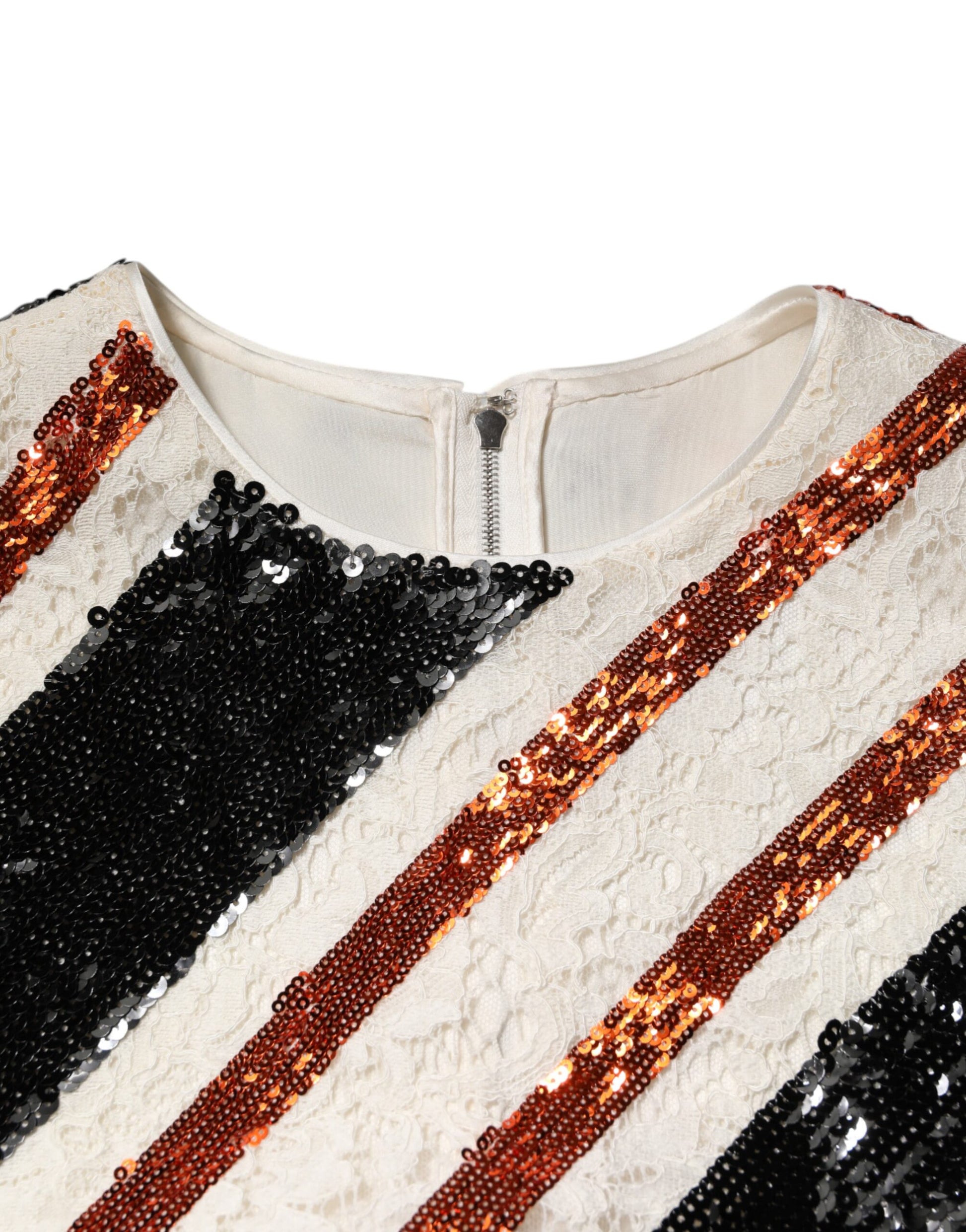 A multicolored sequin embellished shift dress with a zippered front