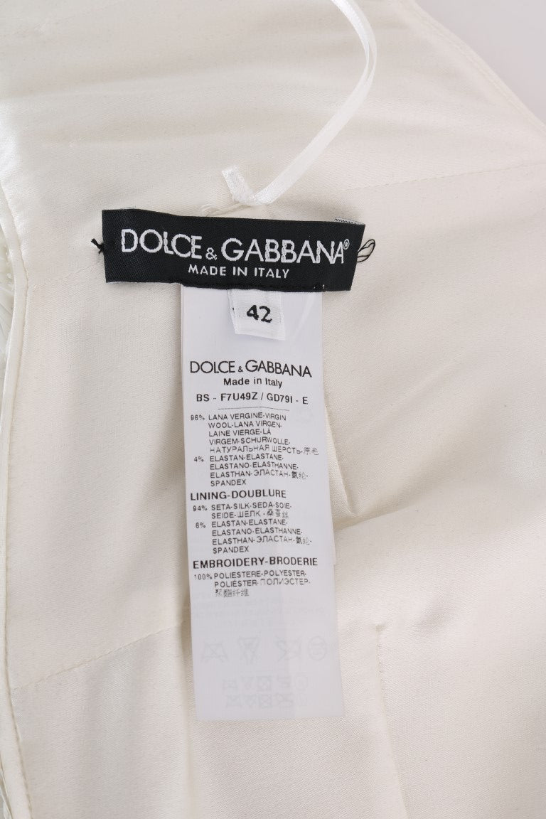 White garment with black label on front