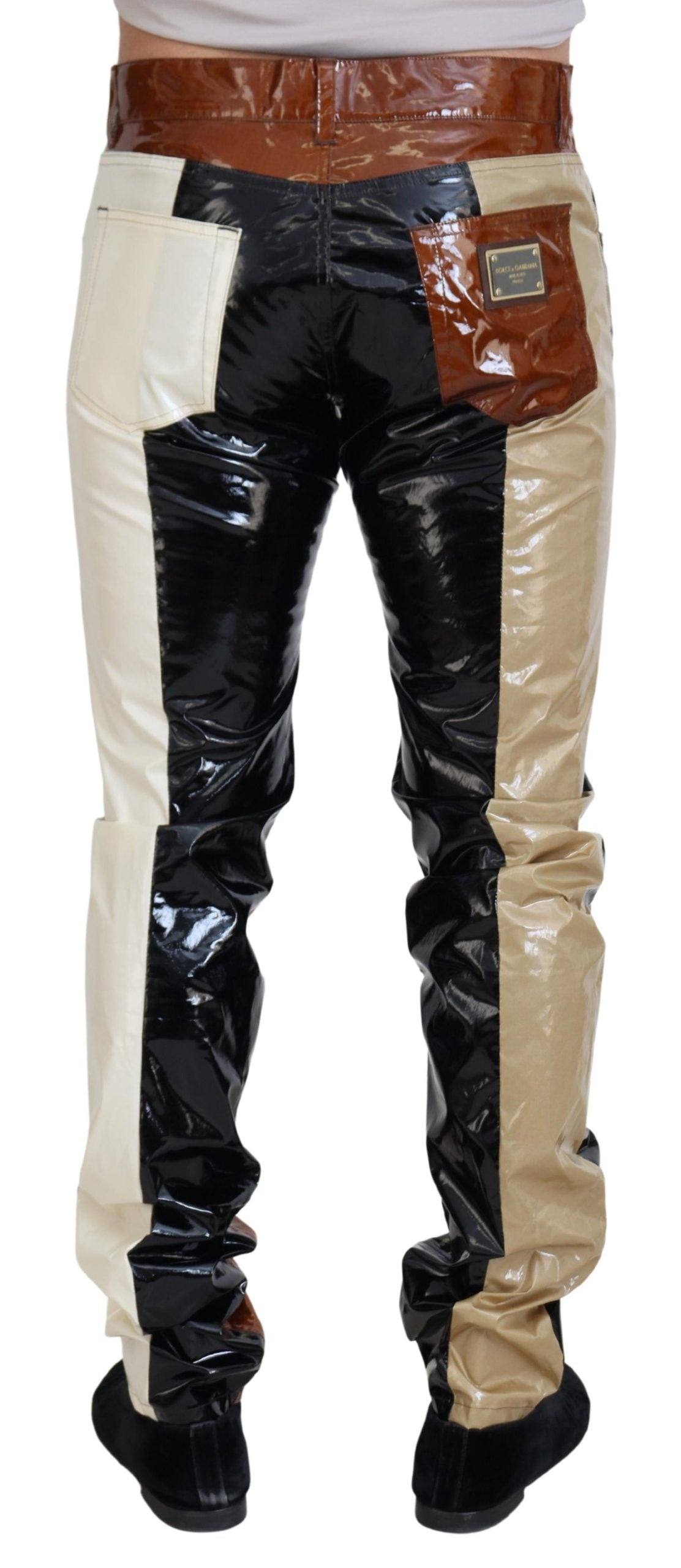 Pair of black leather pants with brown belt loops