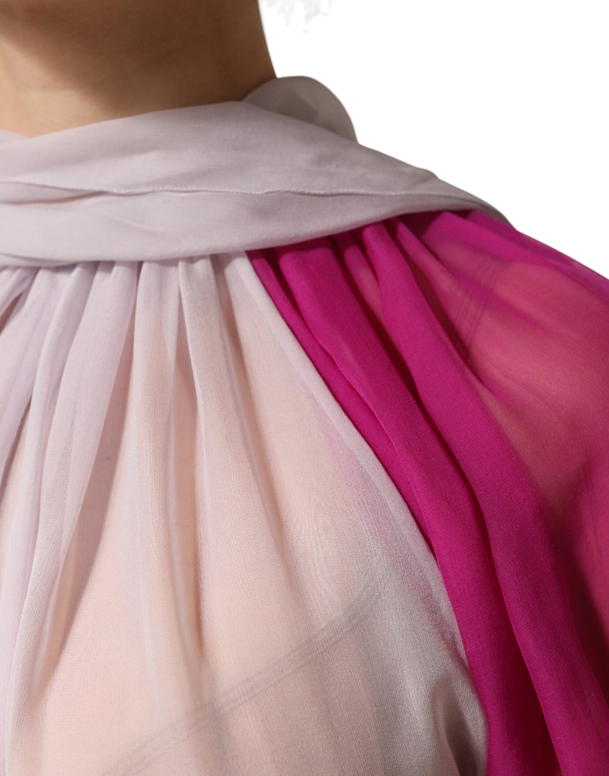 Pink and white scarf around neck
