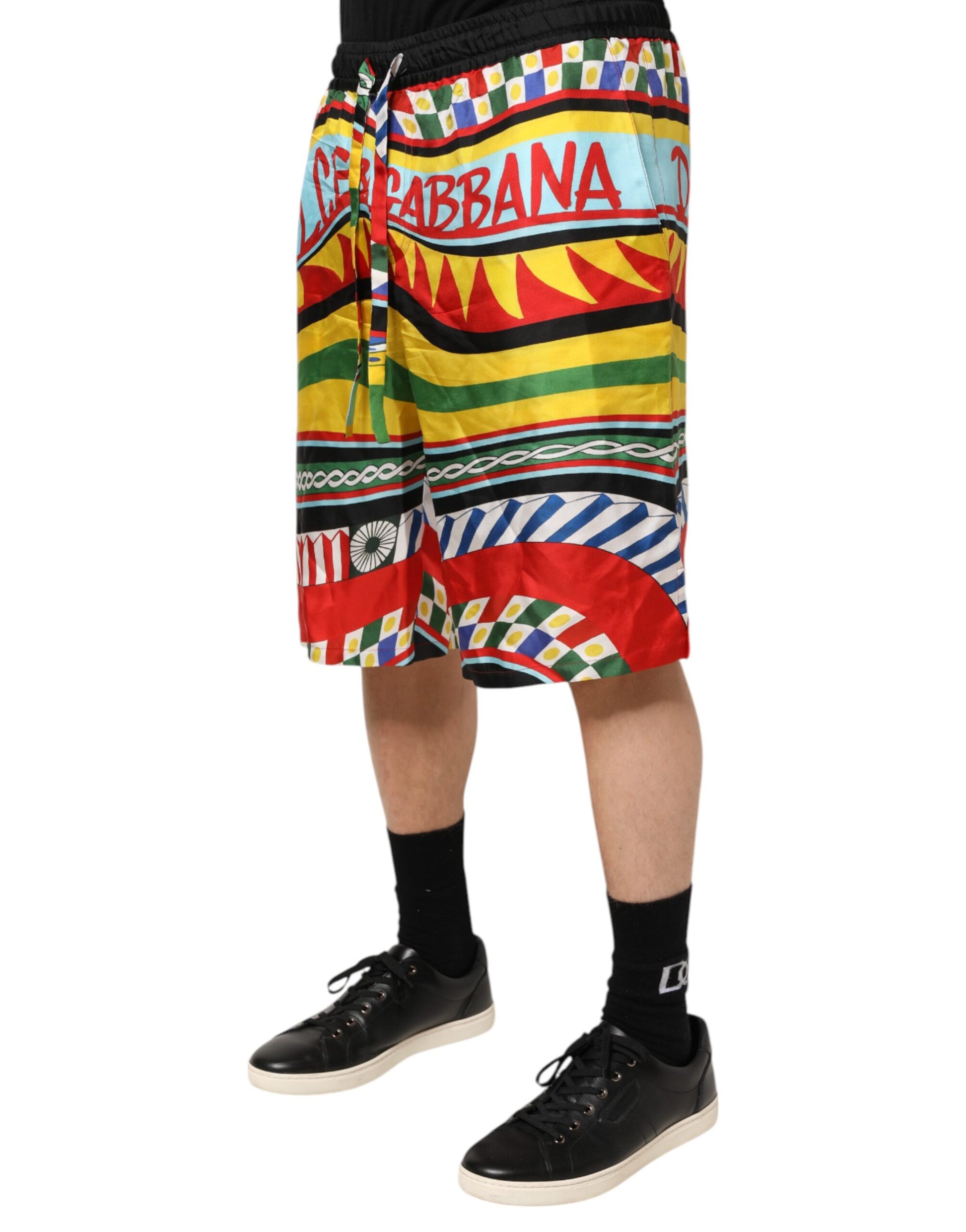 Colorful shorts with a pattern featuring the word "Rabbani"