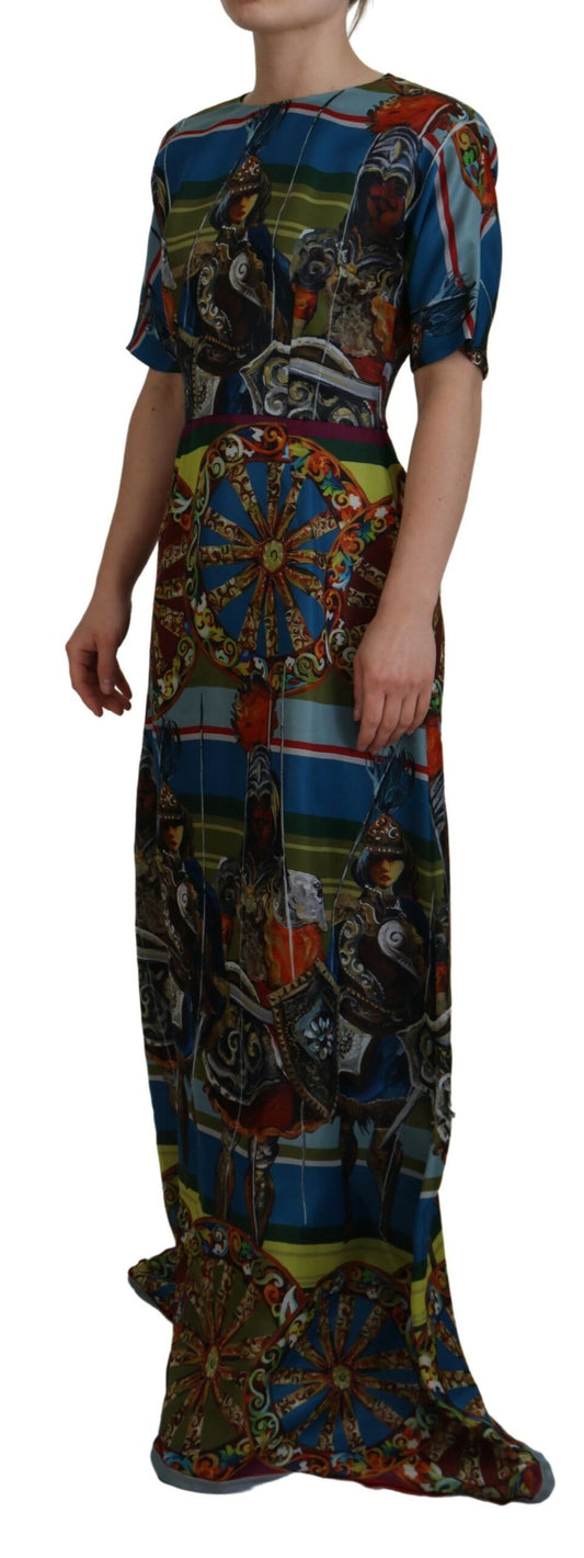 Colorful silk dress with floral pattern, long sleeves and skirt