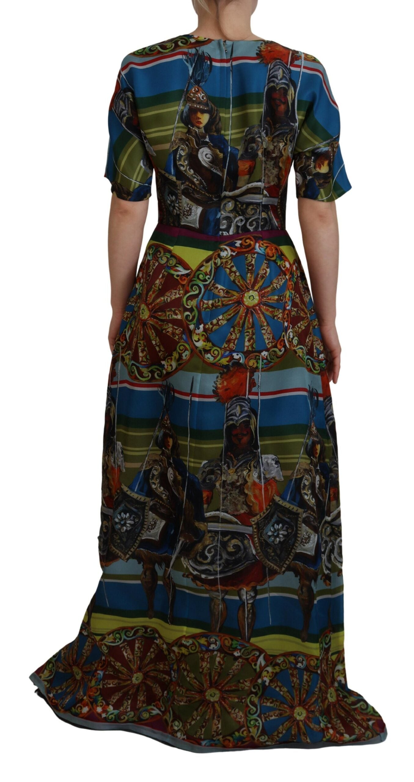 Colorful silk dress with floral pattern and long skirt