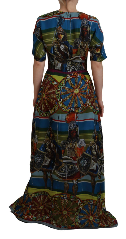 Colorful silk dress with floral pattern and long skirt