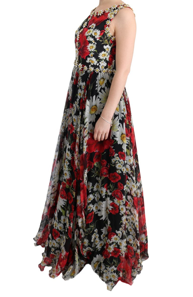 Long red floral dress with ruffles on hem