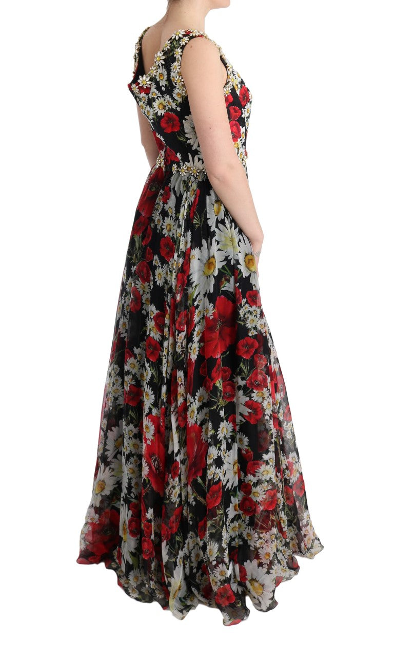 Long red floral dress with sheer sleeves