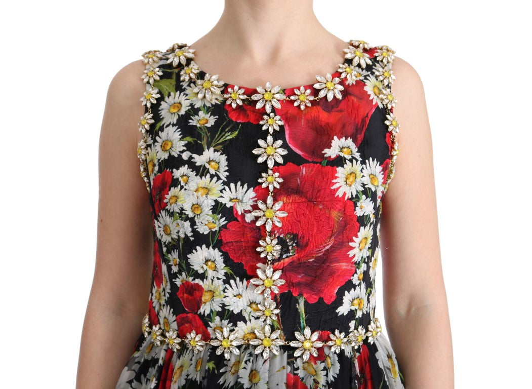 Floral print dress with red flowers on a white background