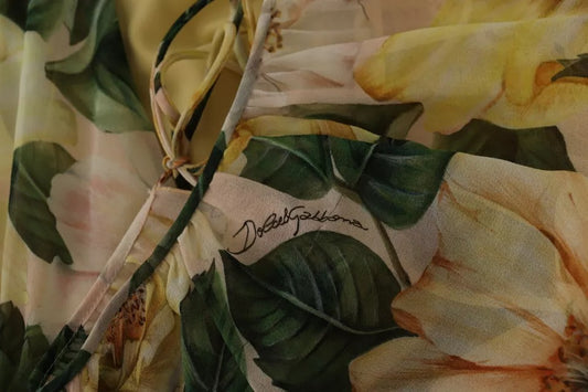 A long, multicolored silk dress with a floral print