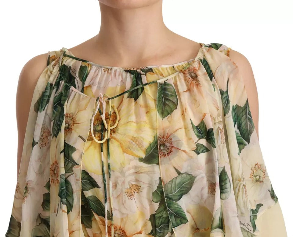 A long, flowy maxi dress with a floral print and ruffled sleeves