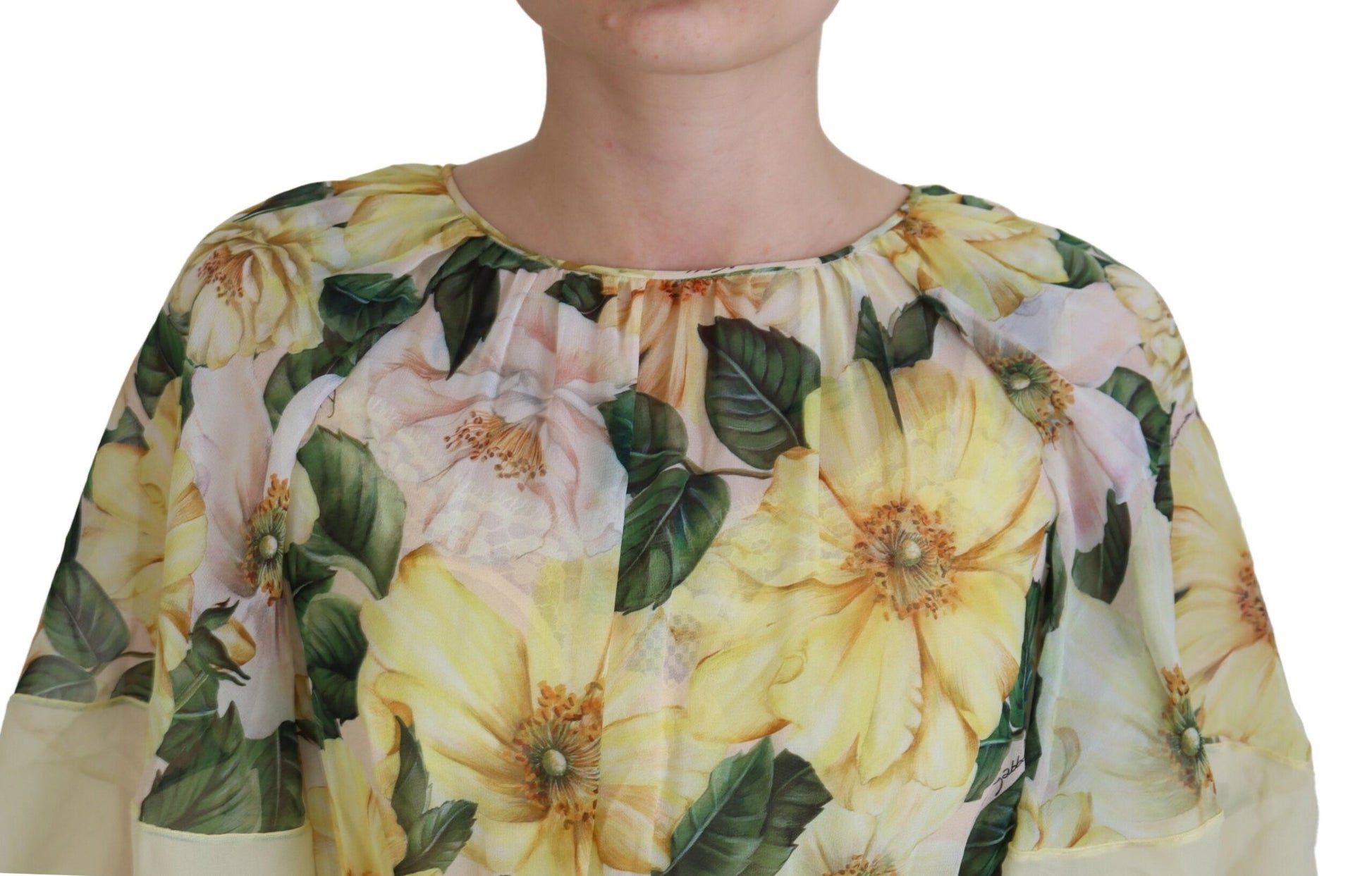 A long, multicolored silk dress with a floral print