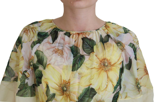 A long, multicolored silk dress with a floral print
