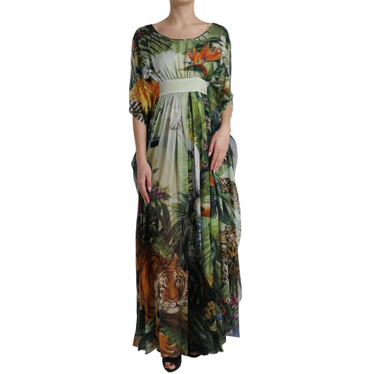 A long, flowing dress with a jungle print featuring various animals and plants
