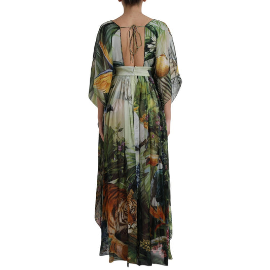 A long, colorful dress with a jungle print featuring various animals and plants