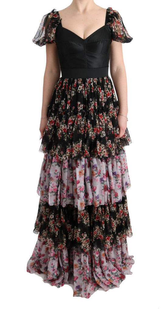 Long floral print dress with ruffles on sleeves