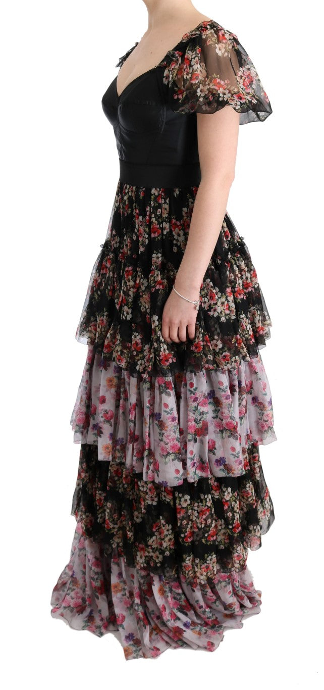 Long floral print dress with ruffles on hem
