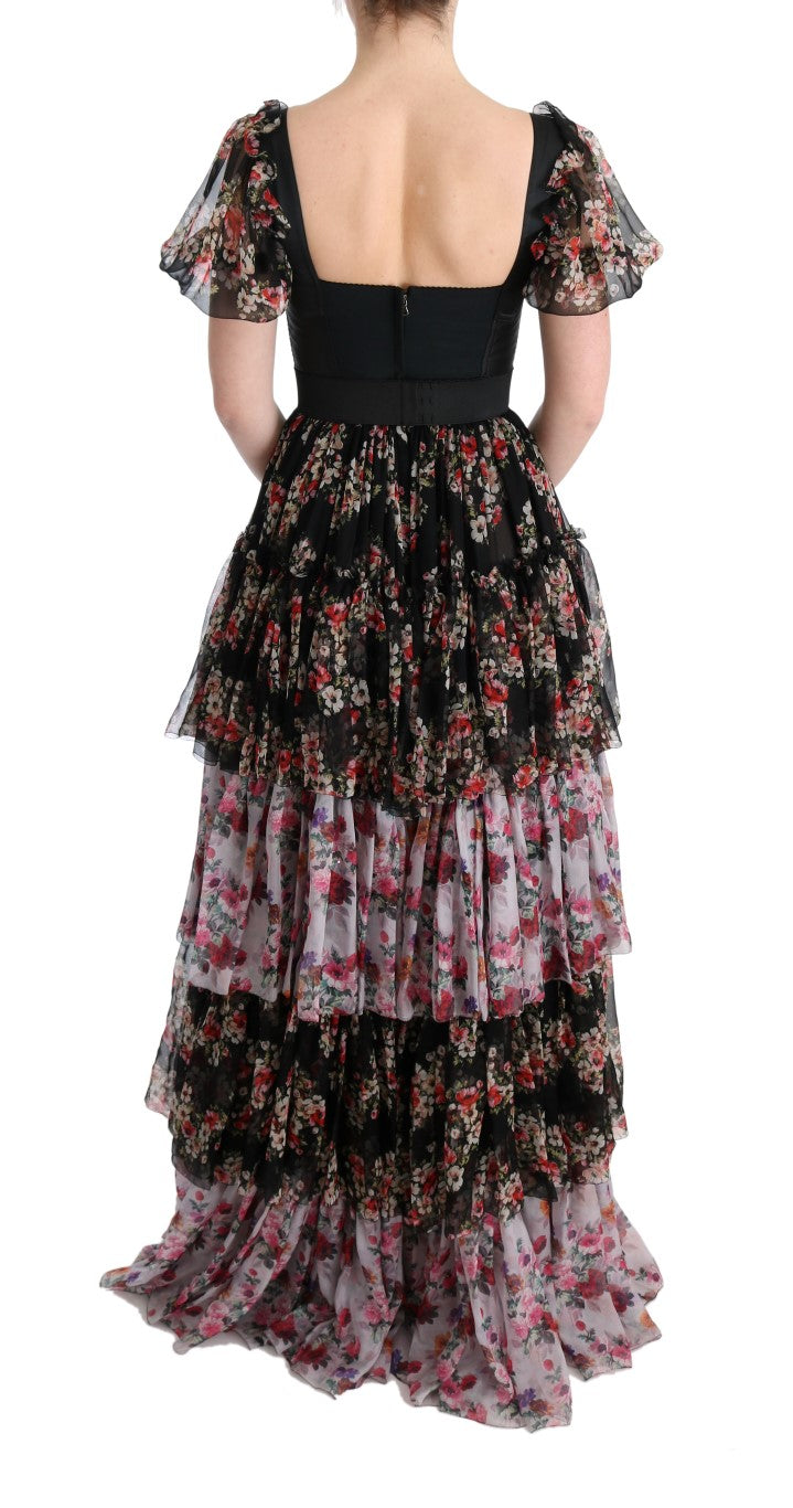 Long floral patterned dress with ruffles on sleeves and hem