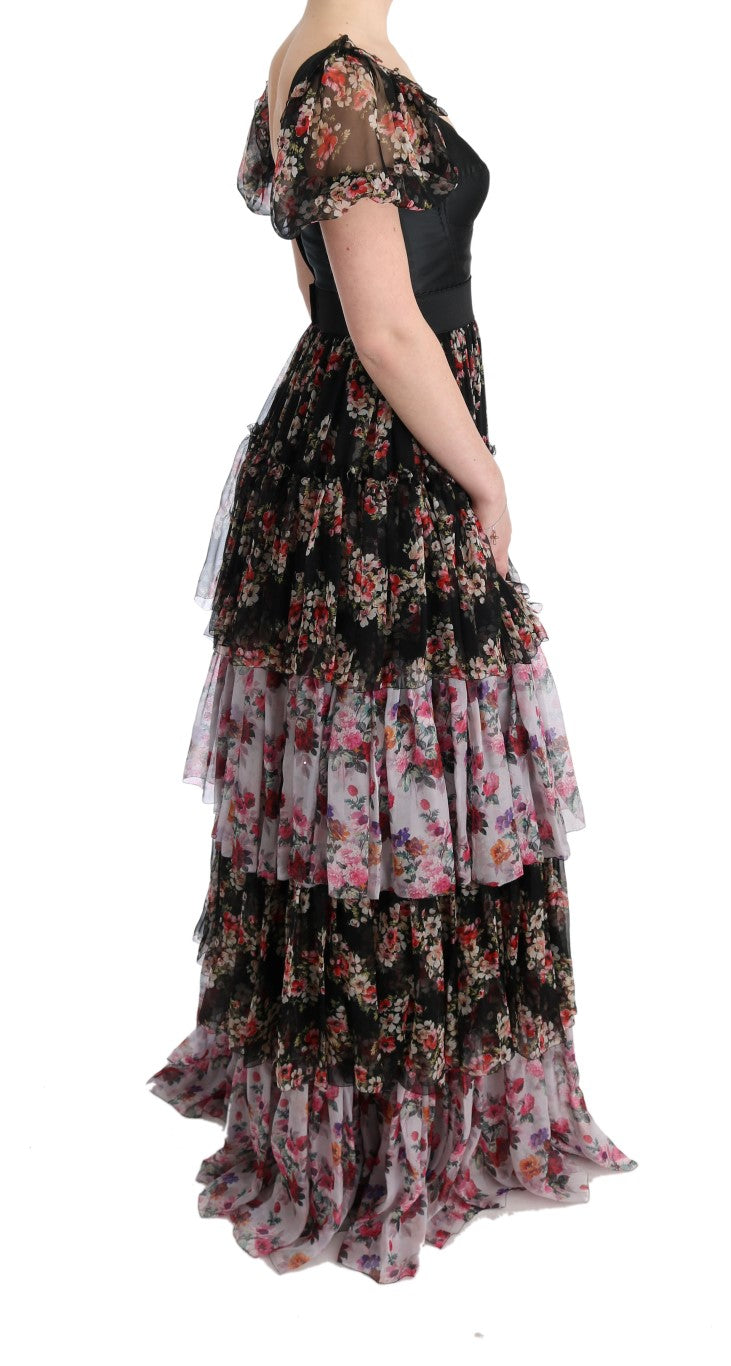 Long floral patterned dress with ruffles on hem