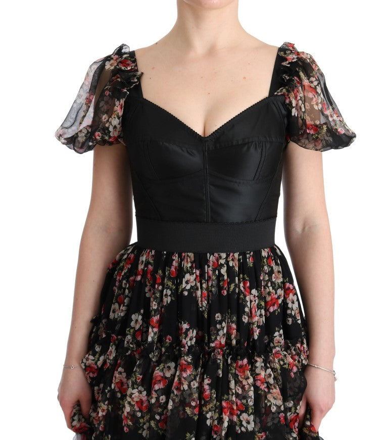 Black floral dress with ruffles on sleeves