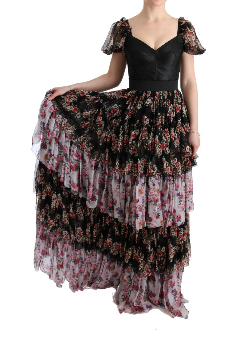 Long floral patterned dress with ruffles on sleeves and hem