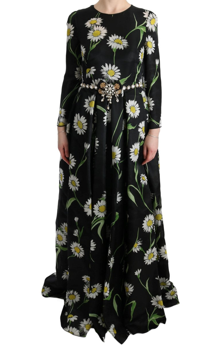 Long black dress with floral pattern featuring yellow flowers