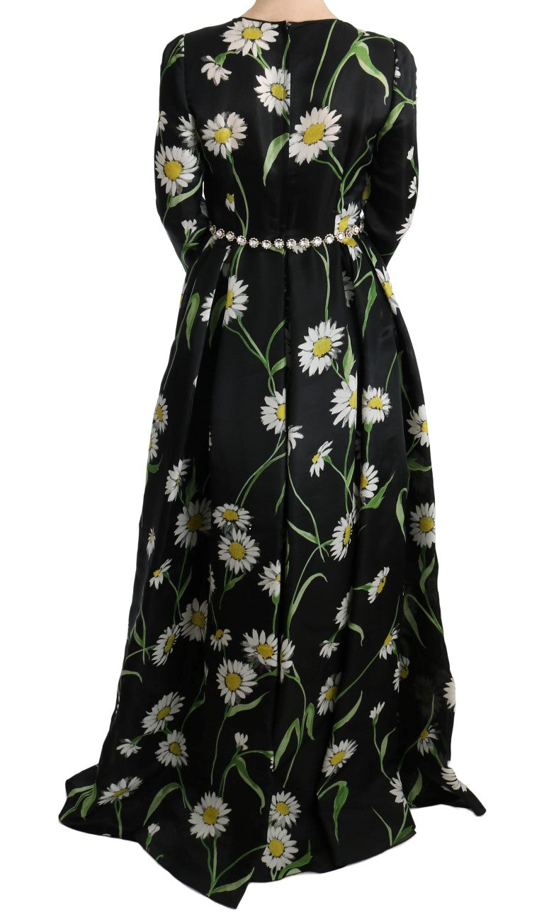 Long black dress with yellow flowers and green stems