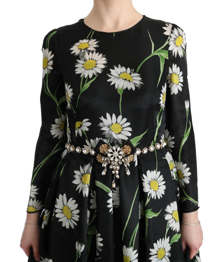 Black dress with yellow flowers and green stems