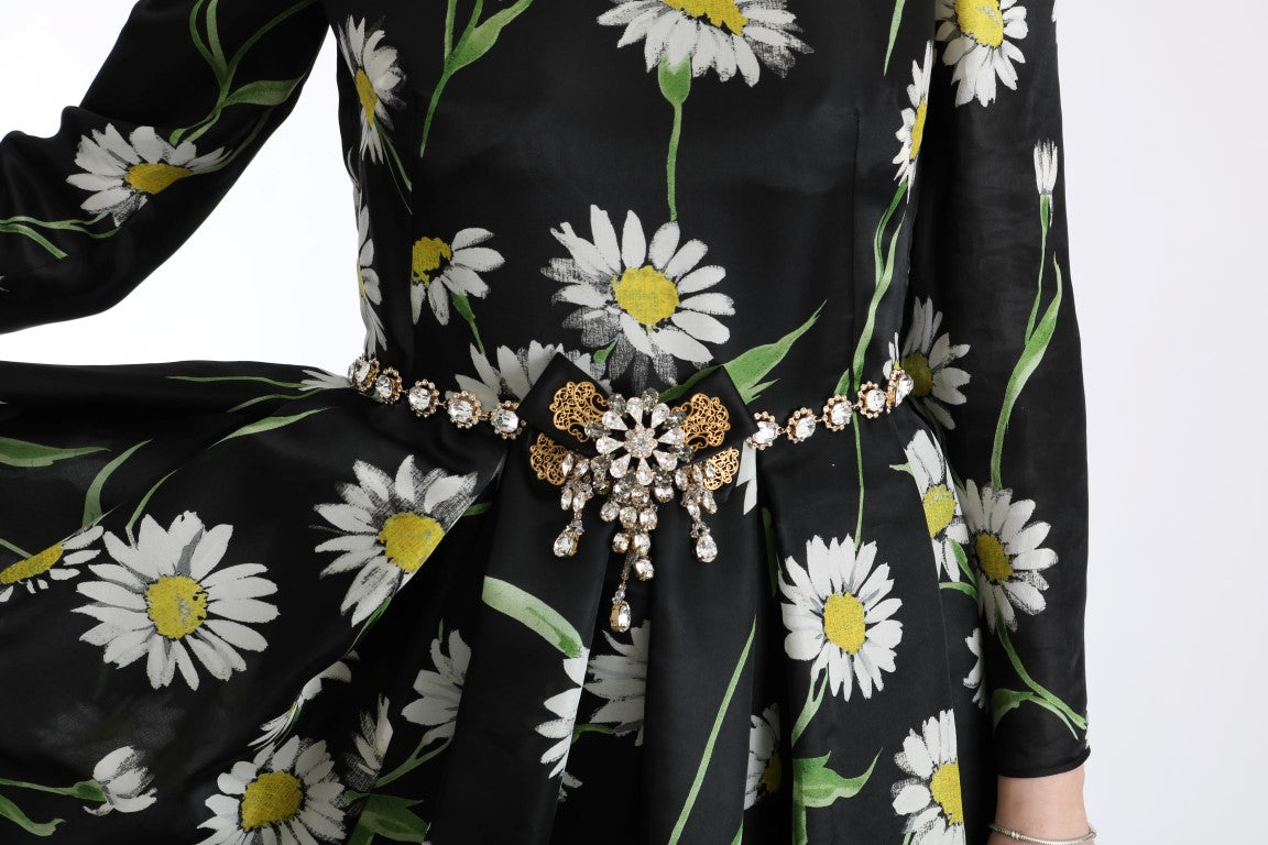 Black dress with yellow flowers and a beaded belt