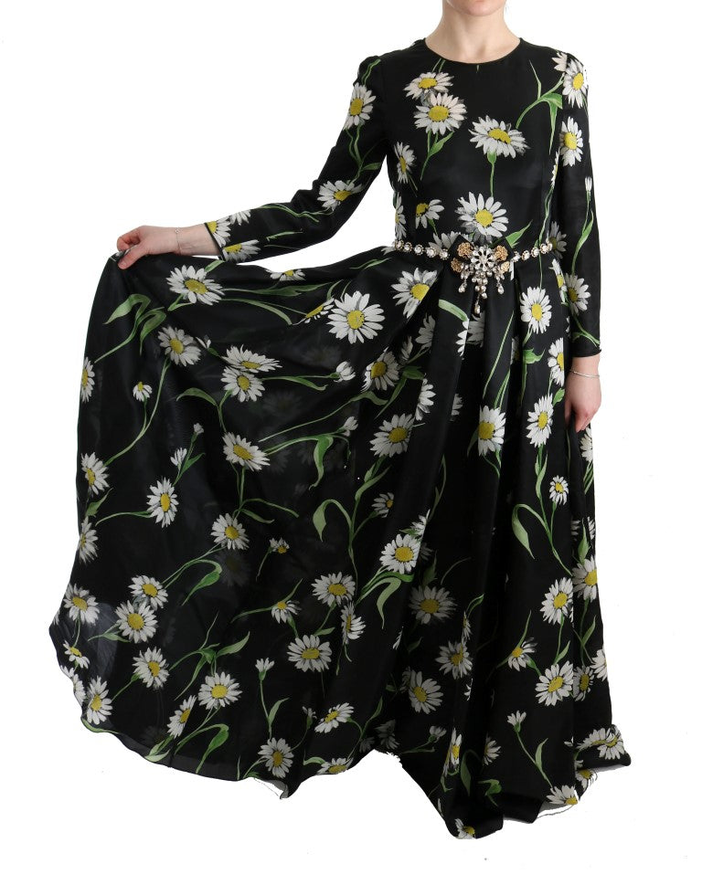 Long black dress with floral pattern featuring daisies