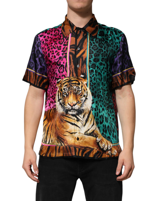 The shirt has a tiger print on it