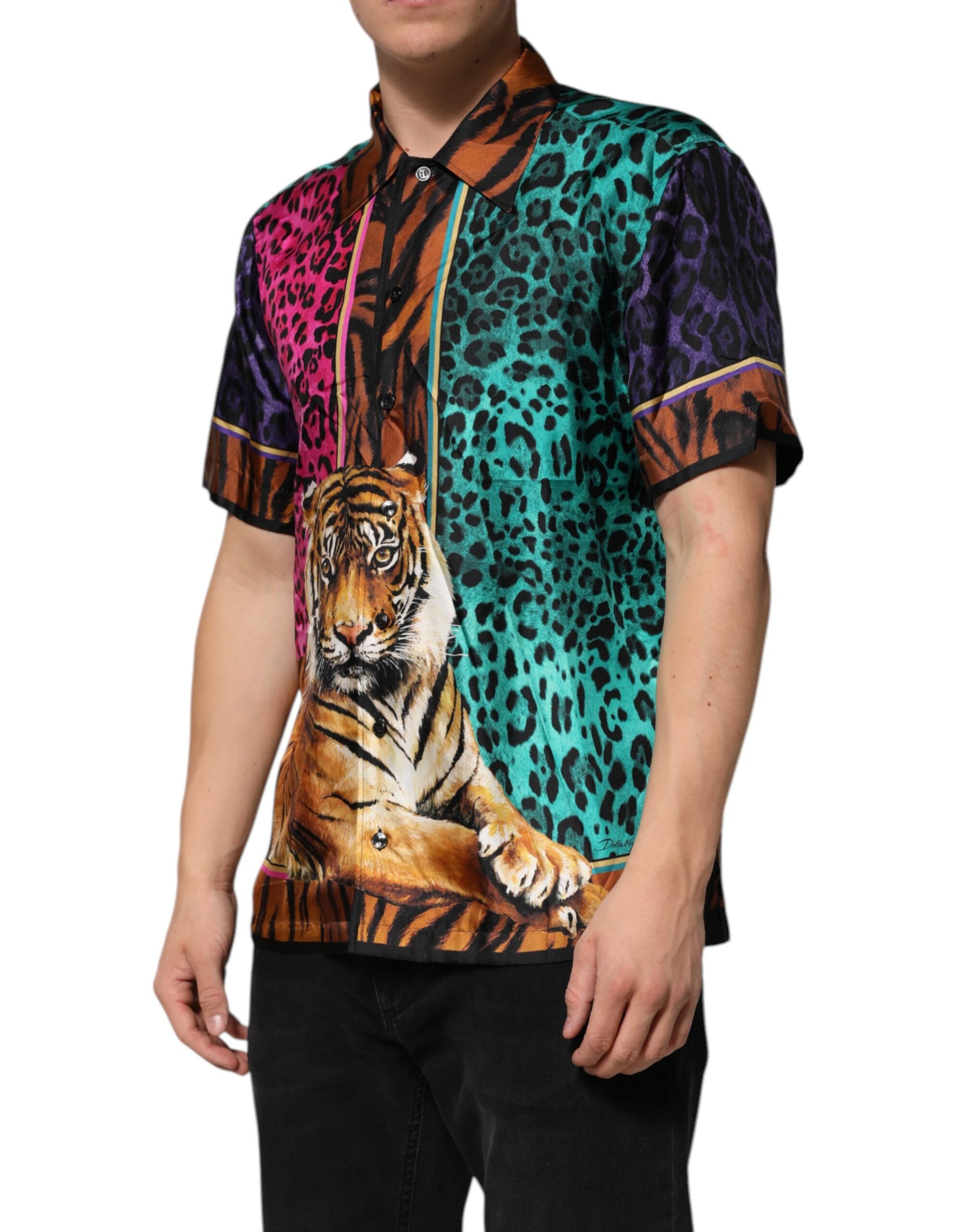 Man wearing a colorful shirt with a tiger print