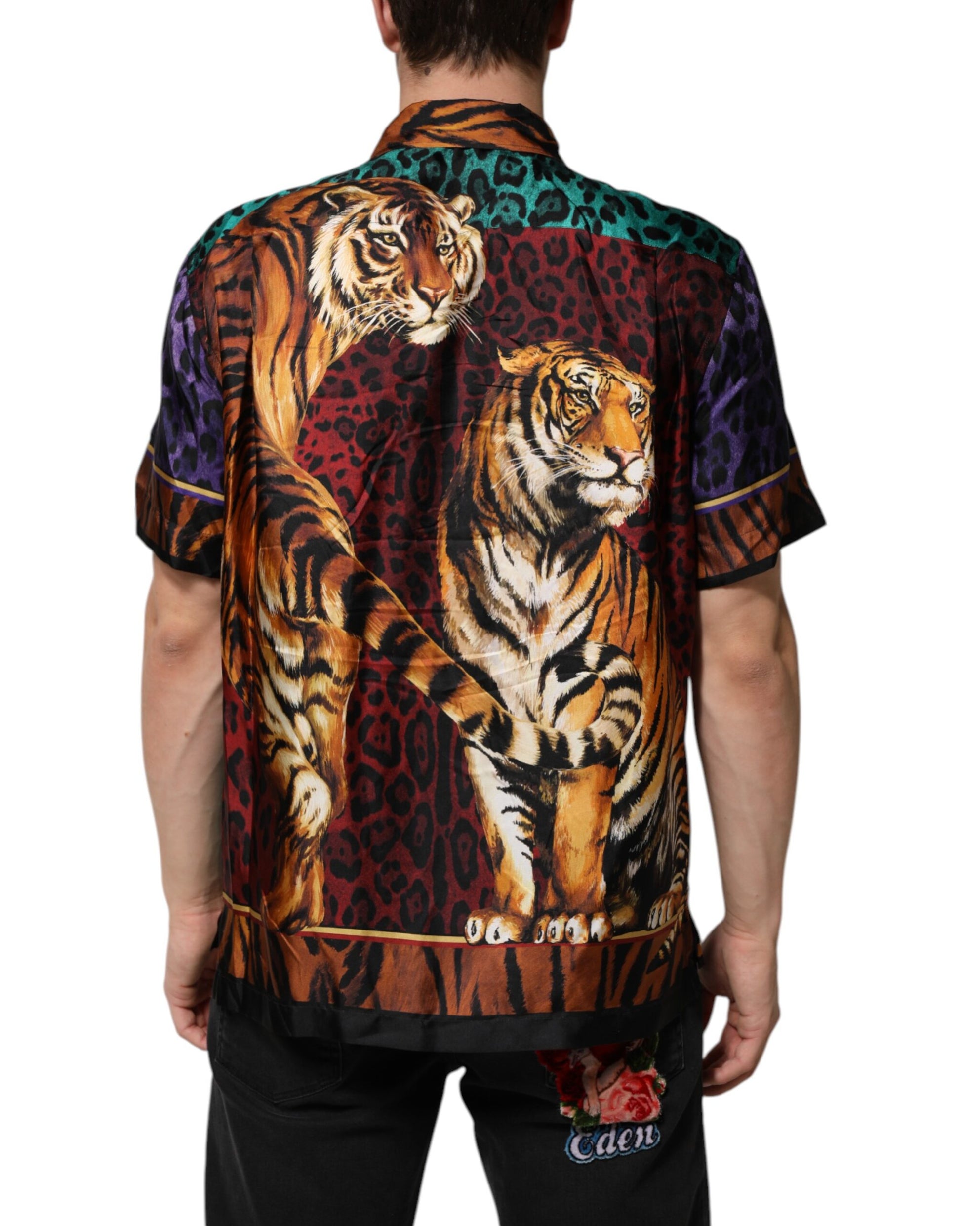 The shirt has a tiger print on the back