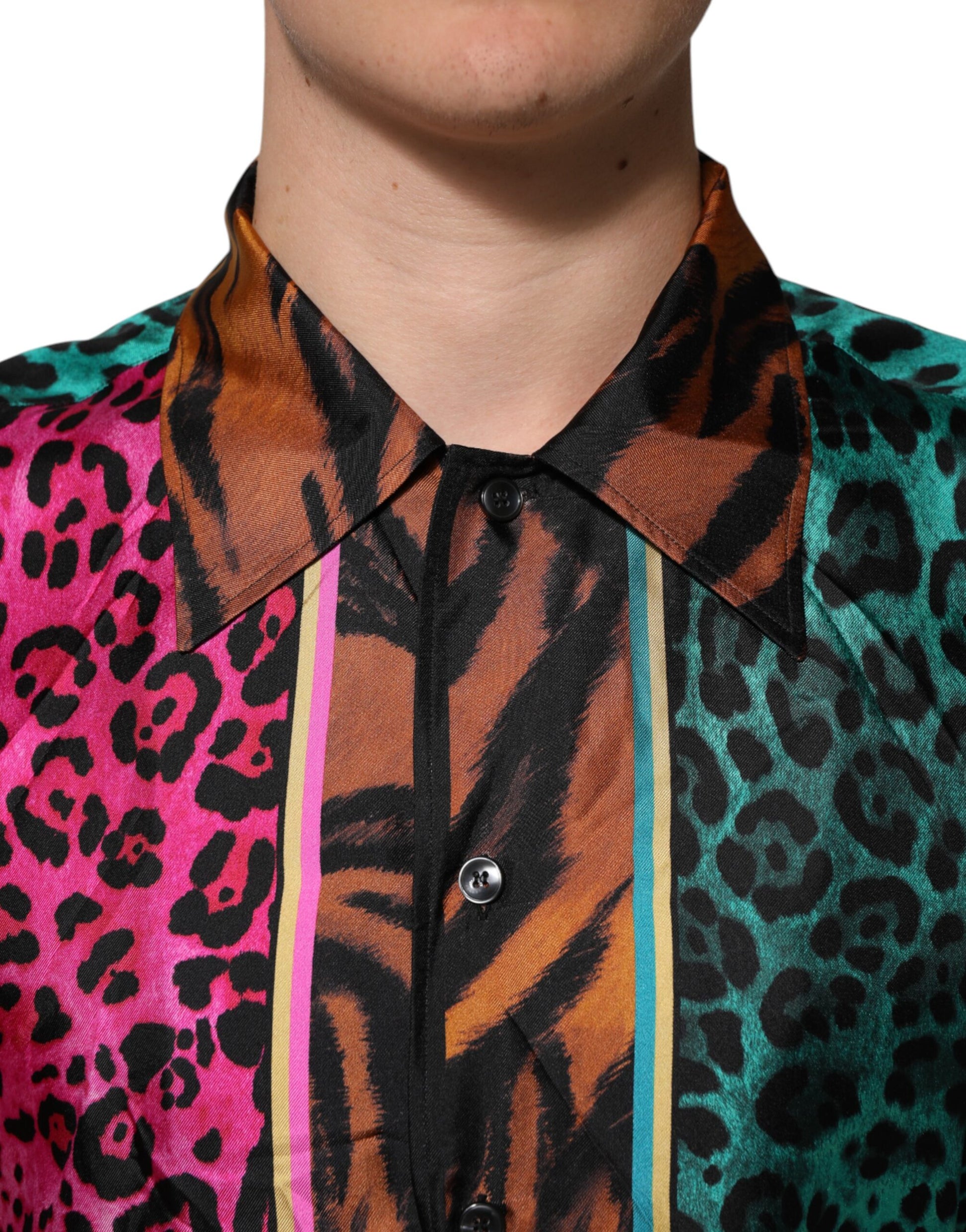 Leopard print shirt with colorful stripes on collar