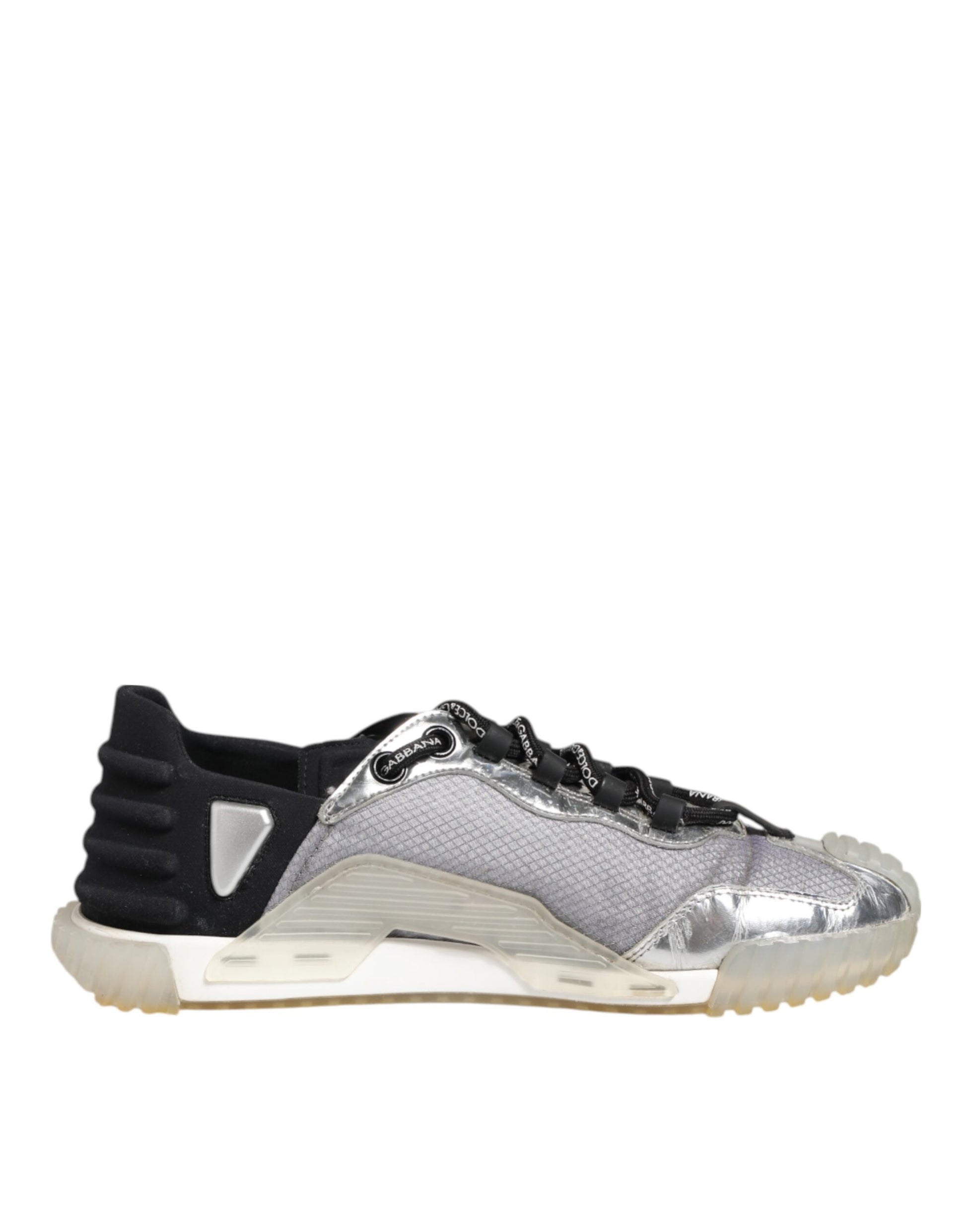 A pair of silver and black sneakers with a logo on the side