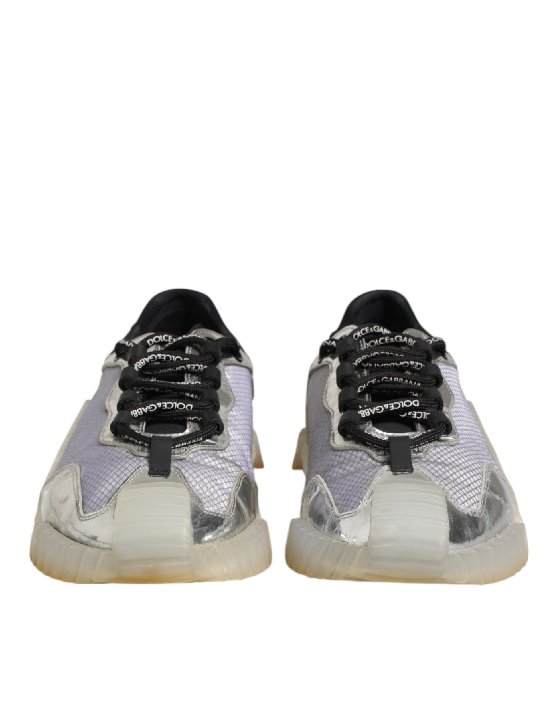 Pair of multicolored sneakers with silver logo, featuring low top design and black laces